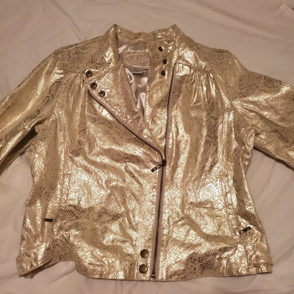 Ivory & Gold Python Snake Real Leather Moto Jacket - image 2